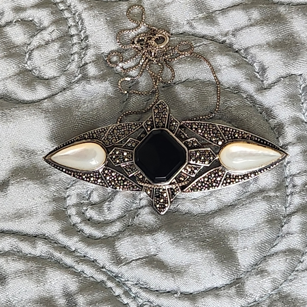 Vintage Sterling Onyx MOP and Marcasite Brooch